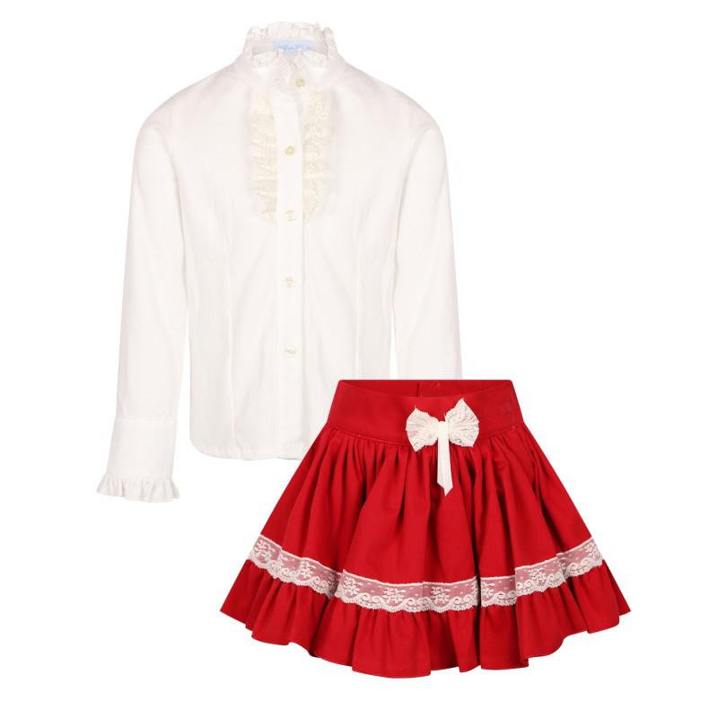 Lace detailing ruffled blouse and skirt set in white and red商品第1张图片规格展示