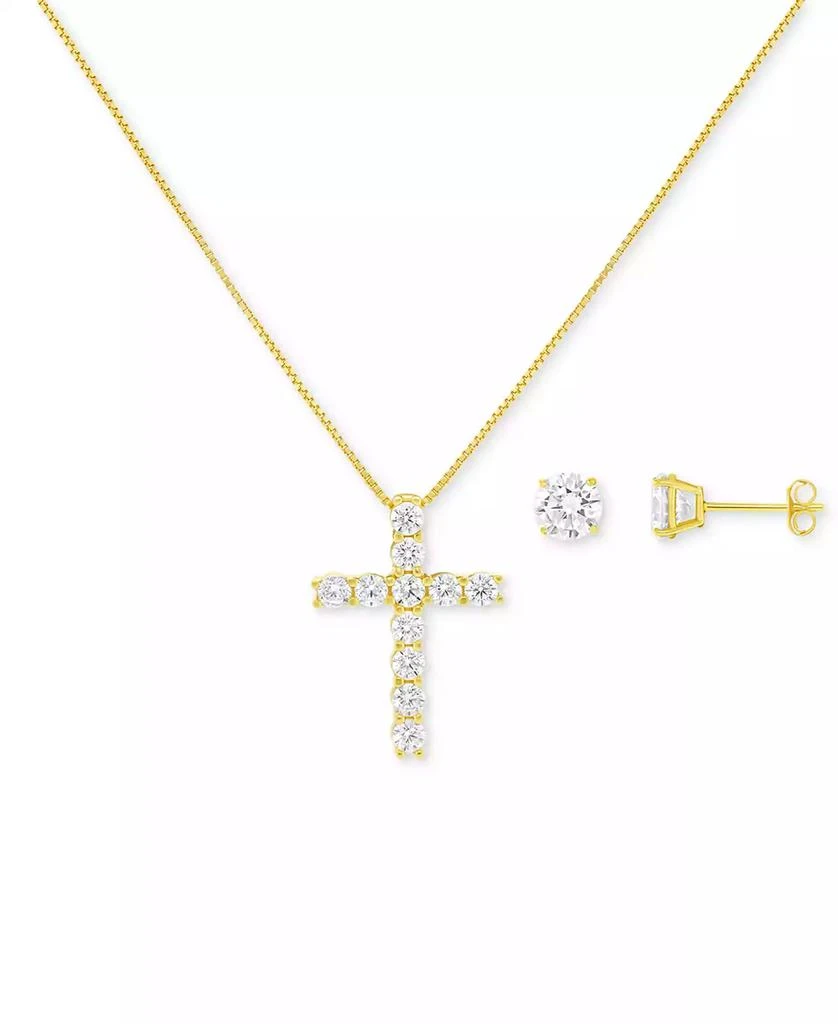 2-Pc. Cubic Zirconia Heart Cross Pendant Necklace & Stud Earring Set in Sterling Silver, Created for Macy's 商品