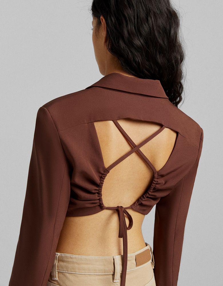 Bershka open back cropped blazer co-ord in chocolate商品第2张图片规格展示