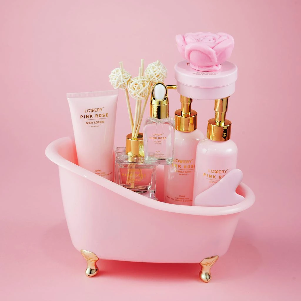 商品Lovery|Luxury Spa Kit, 18pc Pink Rose Relaxing Basket with Perfumes, Gua Sha and More,价格¥556,第3张图片详细描述