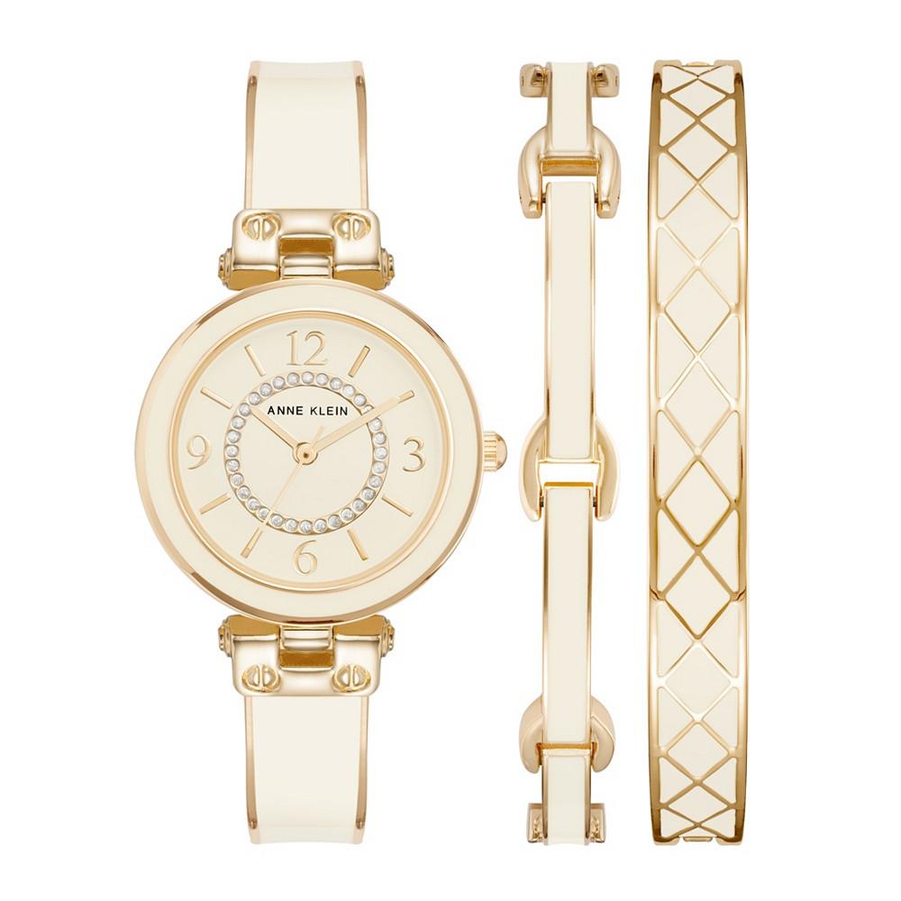 Women's Gold-Tone Alloy Bangle with White Enamel and Crystal Accents Fashion Watch 33mm Set 3 Pieces商品第1张图片规格展示