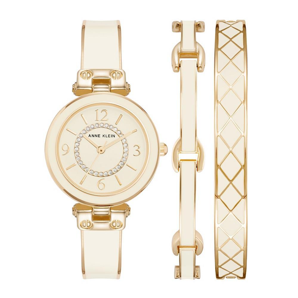 商品Anne Klein|Women's Gold-Tone Alloy Bangle with White Enamel and Crystal Accents Fashion Watch 33mm Set 3 Pieces,价格¥1101,第1张图片