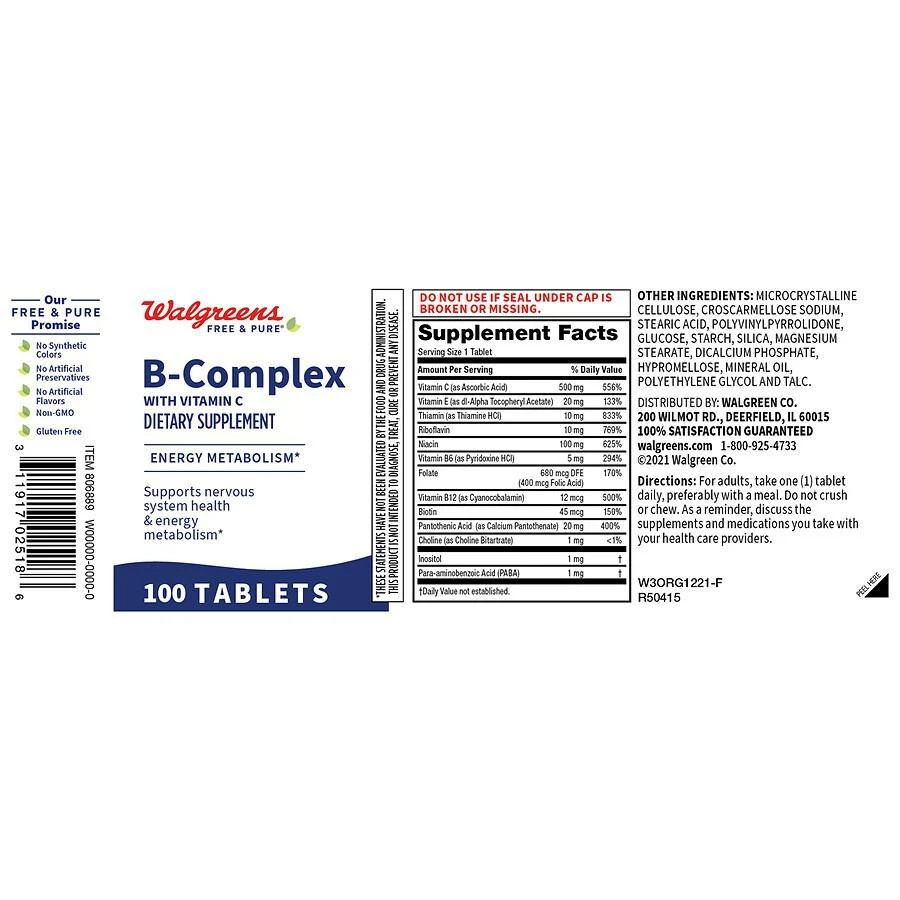 商品Walgreens Free & Pure|B-Complex with Vitamin C Tablets (100 days),价格¥100,第2张图片详细描述