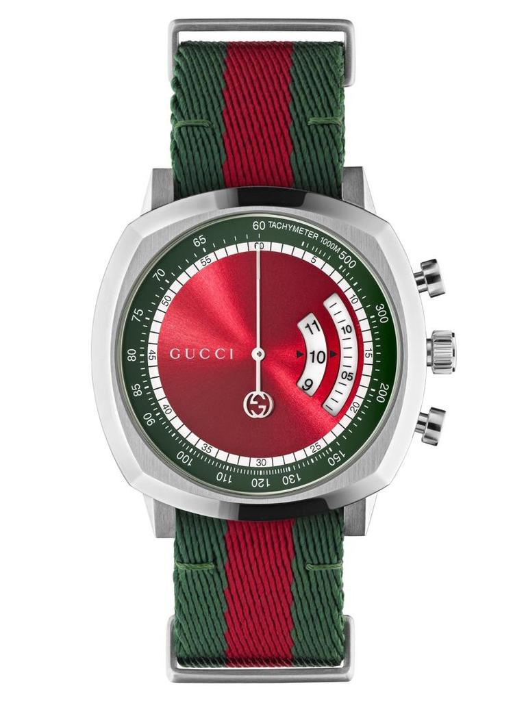 商品Gucci|Quartz Mens Grip Chronograph Green and Red Nylon Strap Watch YA157304,价格¥7632,第1张图片