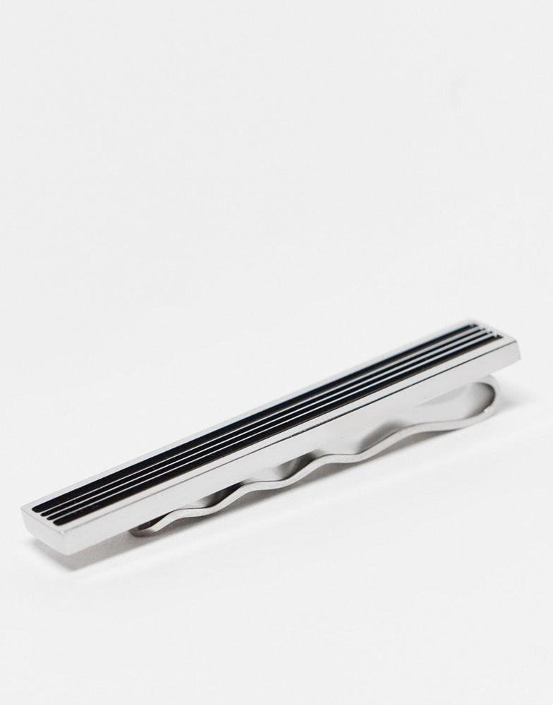 ASOS DESIGN party stainless steel tie bar with line detail and black enamel in silver tone商品第2张图片规格展示