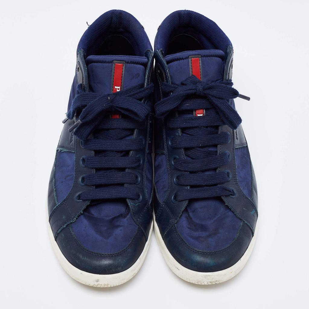 Prada Sport Navy Blue Nylon And Leather Mid Top Sneakers Size 43.5商品第3张图片规格展示