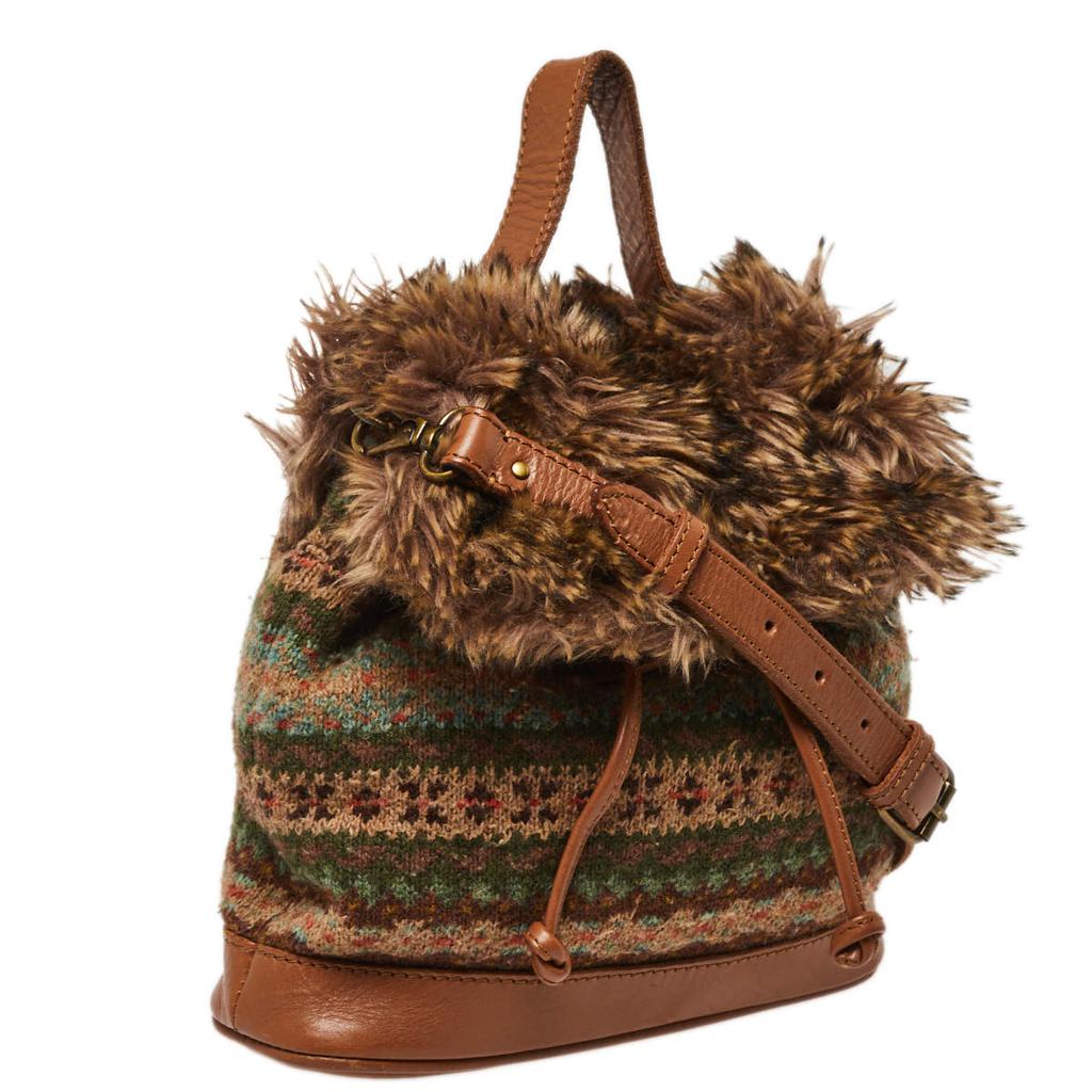 Ralph Lauren Multicolor Faux Fur Flap And Crochet Drawstring Bucket Bag商品第3张图片规格展示