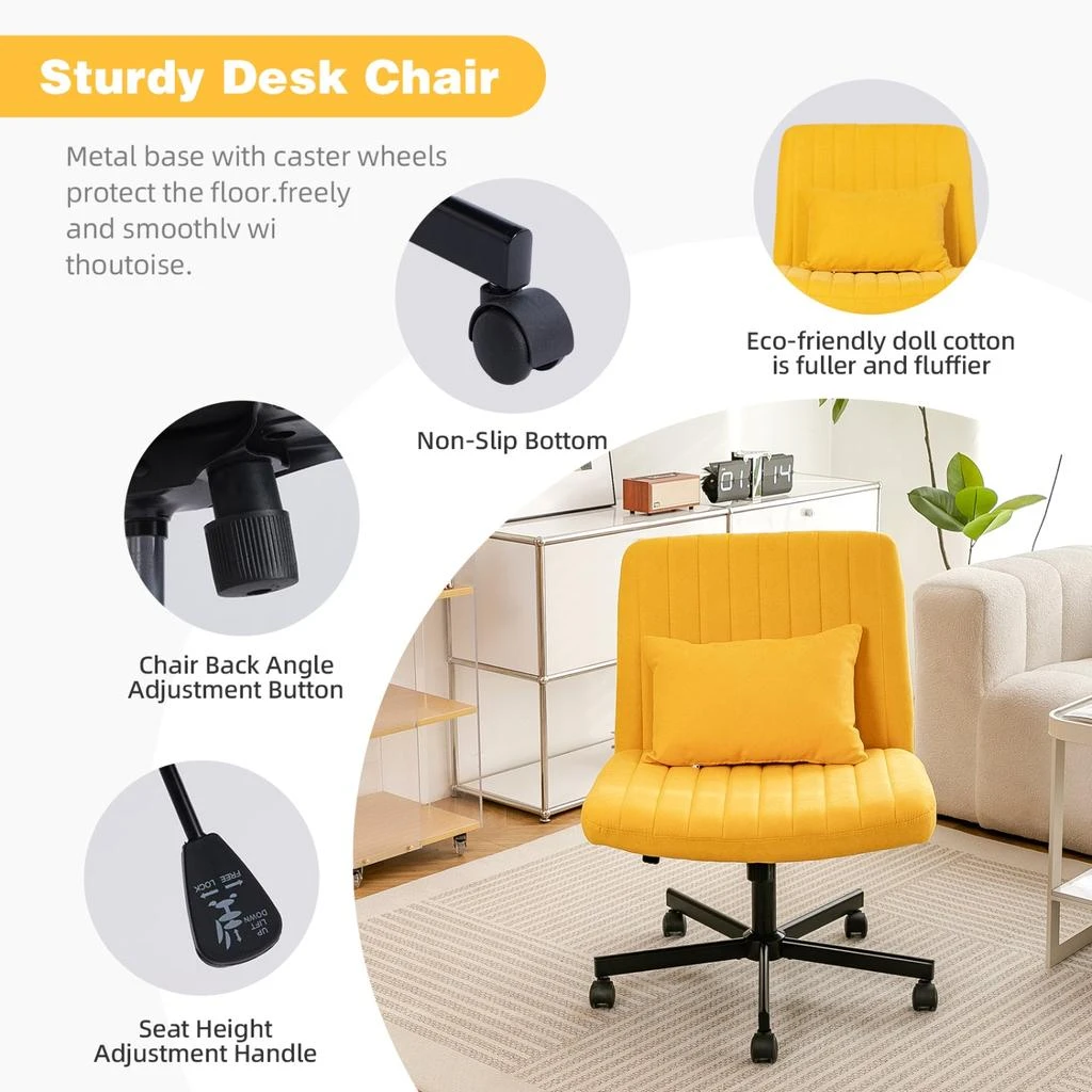 商品Streamdale Furniture|Streamdale Yellow Linen Armless Office Chair with Wheels,价格¥1101,第4张图片详细描述
