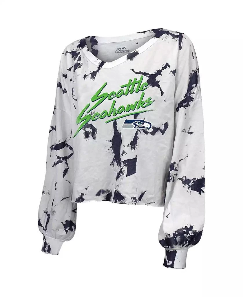 商品Majestic|Women's Threads DK Metcalf White Seattle Seahawks Off-Shoulder Tie-Dye Name and Number Long Sleeve V-Neck Crop-Top T-shirt,价格¥358,第2张图片详细描述