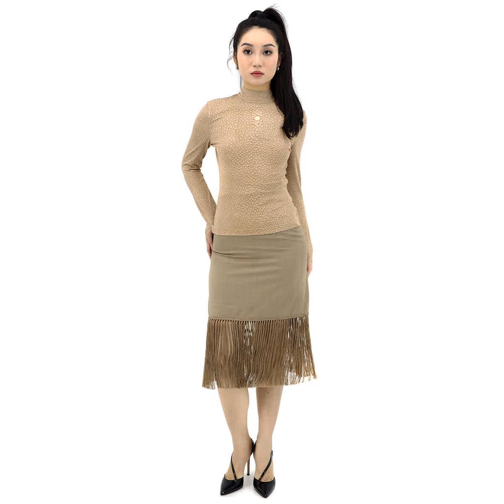 Ladies Pecan Melange High-waist Fring-hem Wool And Cashmere Skirt商品第1张图片规格展示