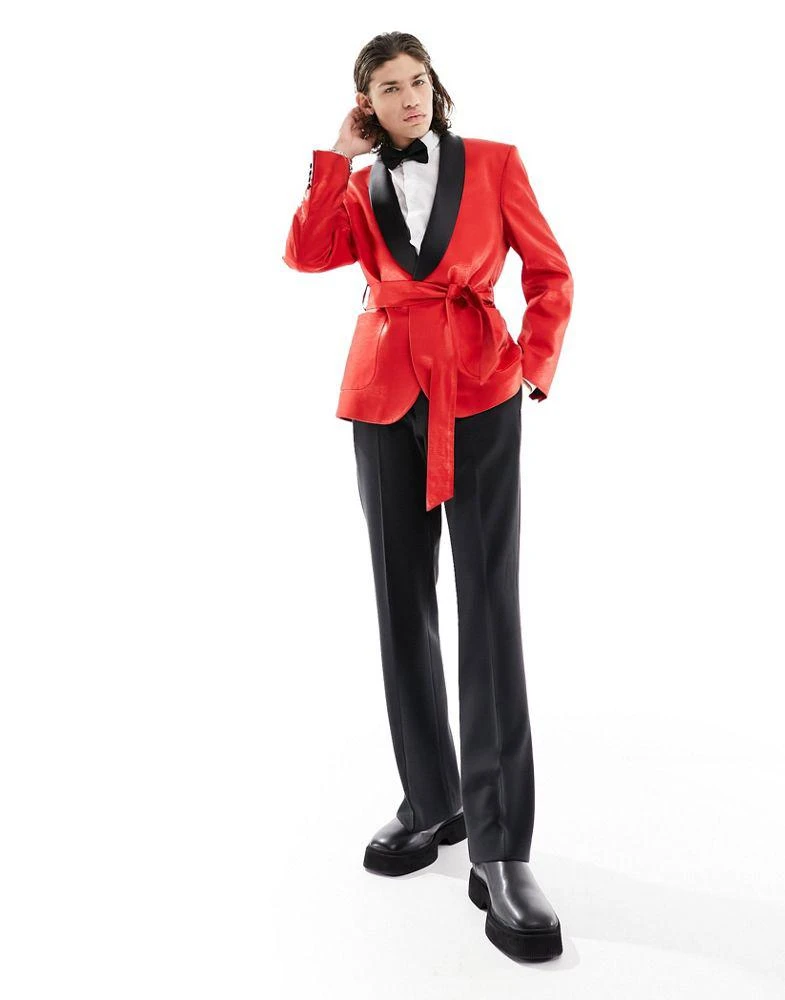 商品ASOS|ASOS DESIGN slim belted blazer in red satin,价格¥392,第1张图片