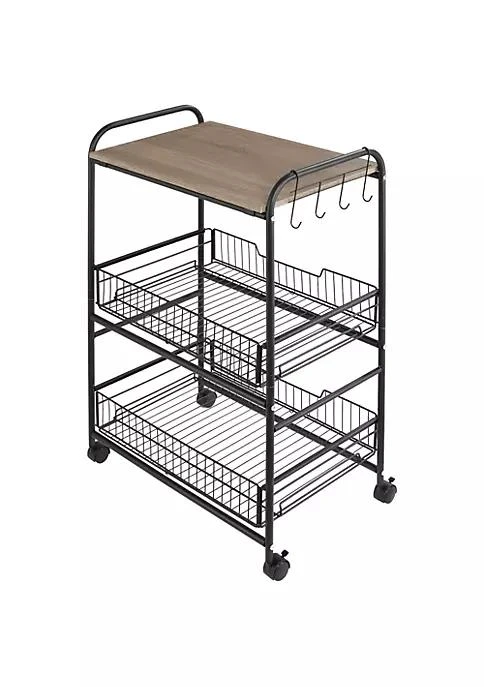 商品belk|24 3 Tier Rolling Kitchen Cart Utility Storage Trolley With 2 Basket Drawers Side Hooks For Dining Room And Kitchen Oak Wood Tone,价格¥517,第2张图片详细描述