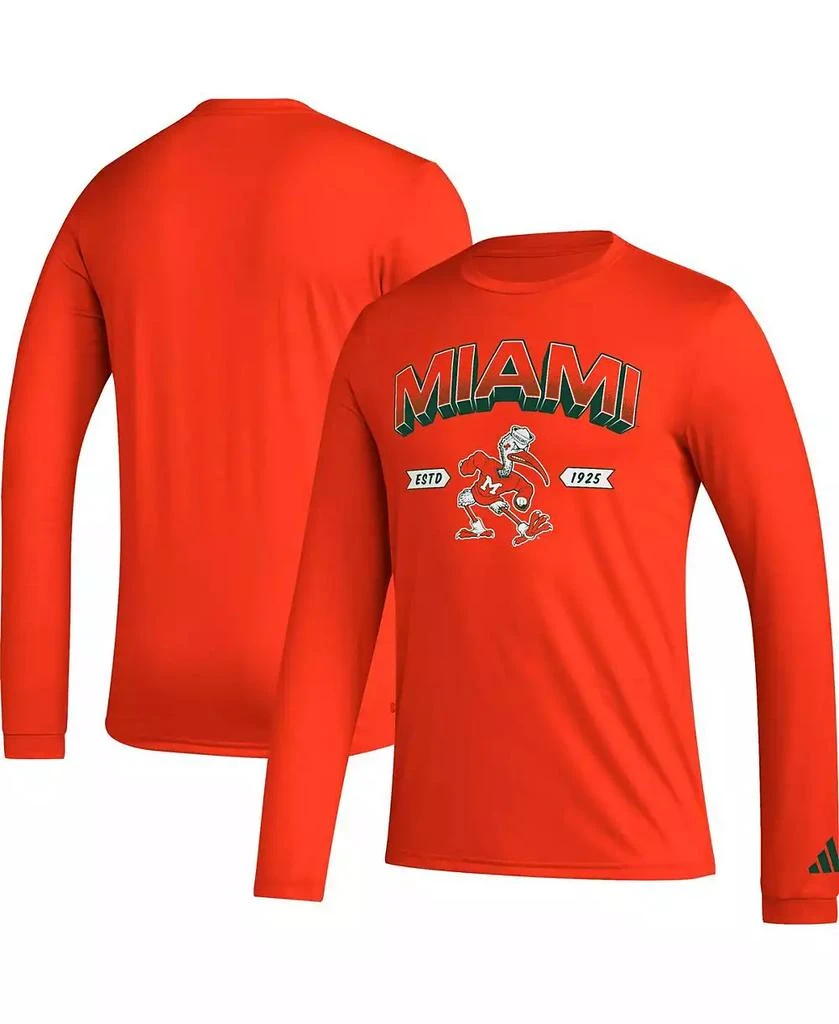 商品Adidas|Men's Orange Miami Hurricanes Mighty Mascot Pregame Long Sleeve T-shirt,价格¥247,第2张图片详细描述