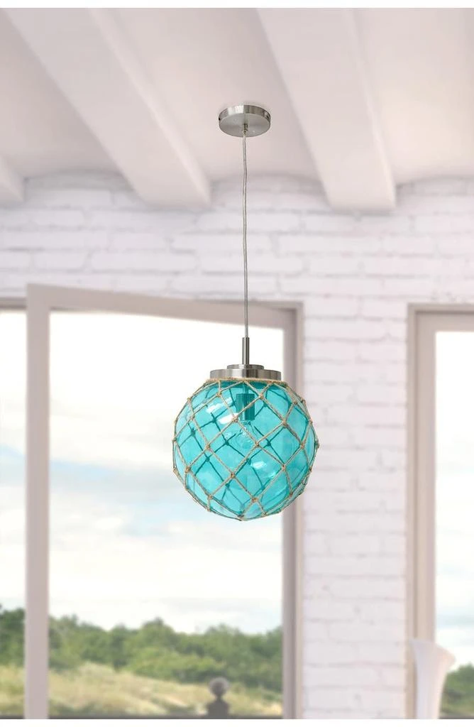 商品LALIA HOME|Buoy Netted Brushed Nickel Coastal Ocean Sea Glass Pendant with Natural Rope - Aqua,价格¥933,第1张图片