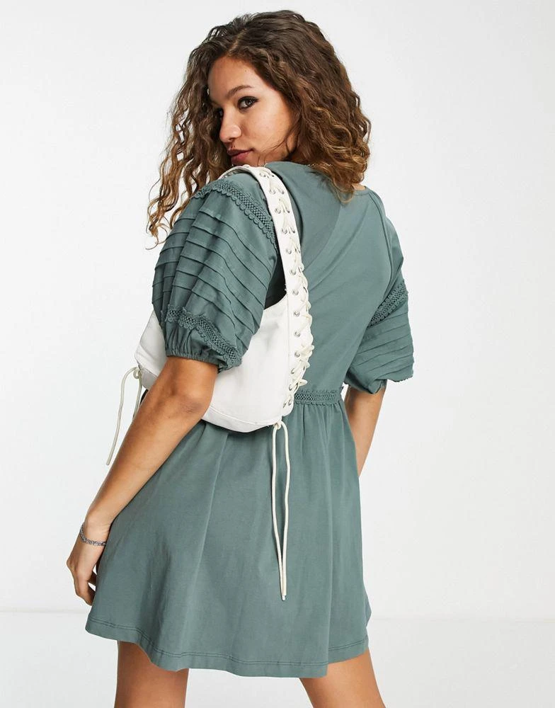 商品ASOS|ASOS DESIGN mini smock dress with sleeve detail and floral embroidery in khaki,价格¥226,第3张图片详细描述