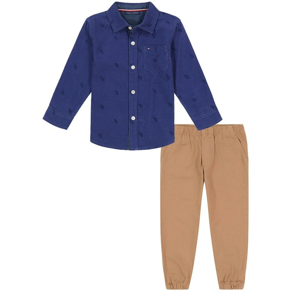 商品Tommy Hilfiger|Toddler Boys Corduroy Logo Long Sleeve Button-Front Shirt and Twill Joggers, 2 Piece Set,价格¥183,第1张图片