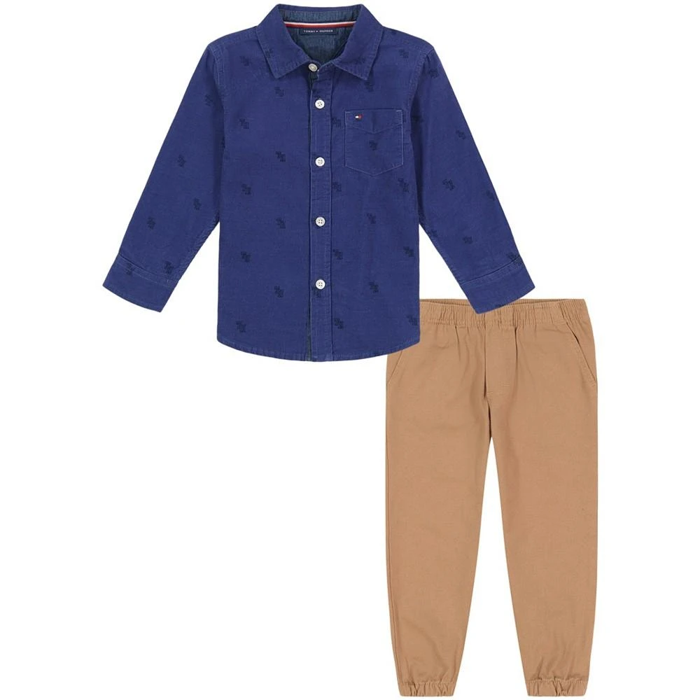 商品Tommy Hilfiger|Toddler Boys Corduroy Logo Long Sleeve Button-Front Shirt and Twill Joggers, 2 Piece Set,价格¥158,第1张图片