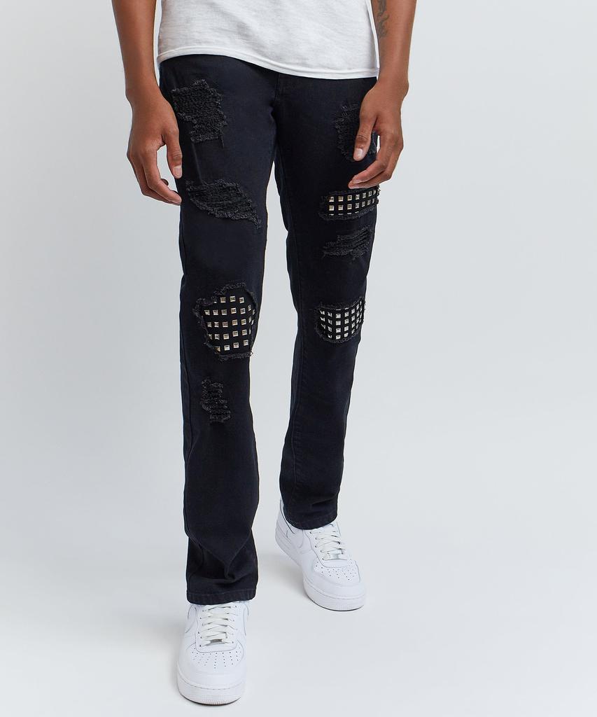 Jace Studded Rip And Repair Slim Fit Black Denim Jeans商品第1张图片规格展示