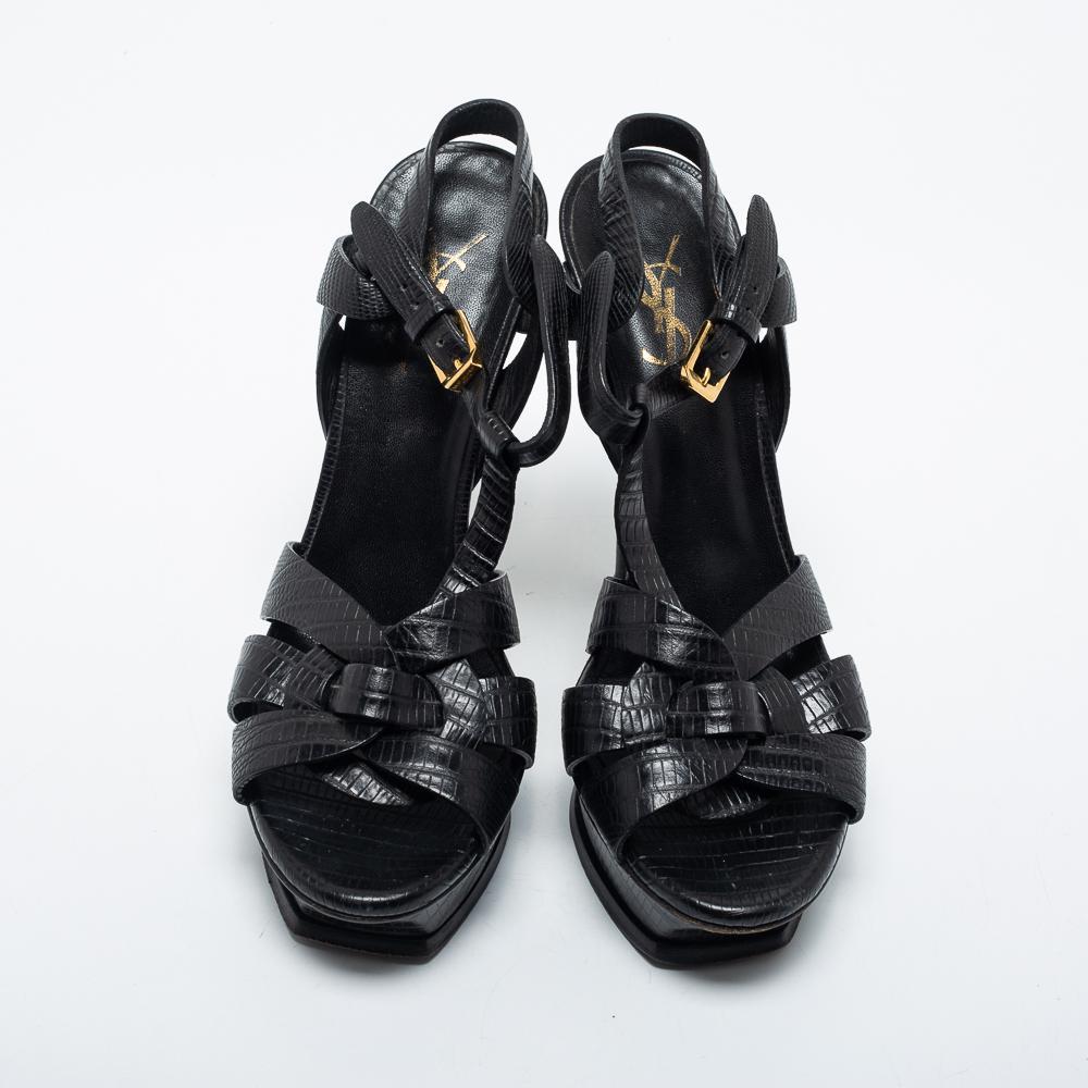 商品[二手商品] Yves Saint Laurent|Yves Saint Laurent Black Lizard Embossed Leather Tribute  Ankle Strap Sandals Size 37.5,价格¥4856,第5张图片详细描述