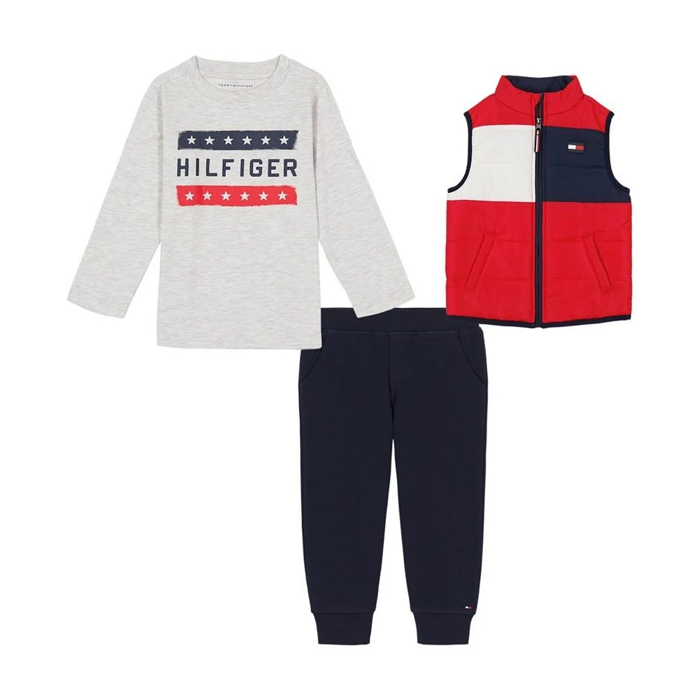 商品Tommy Hilfiger|Baby Boys Long Sleeve Signature T-shirt, Colorblock Puffer Vest and Fleece Joggers, 3 Piece Set,价格¥153,第1张图片