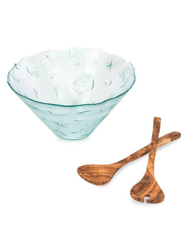 商品French Home|Coastal Recycled Glass Salad Bowl & Olivewood Servers,价格¥318,第2张图片详细描述