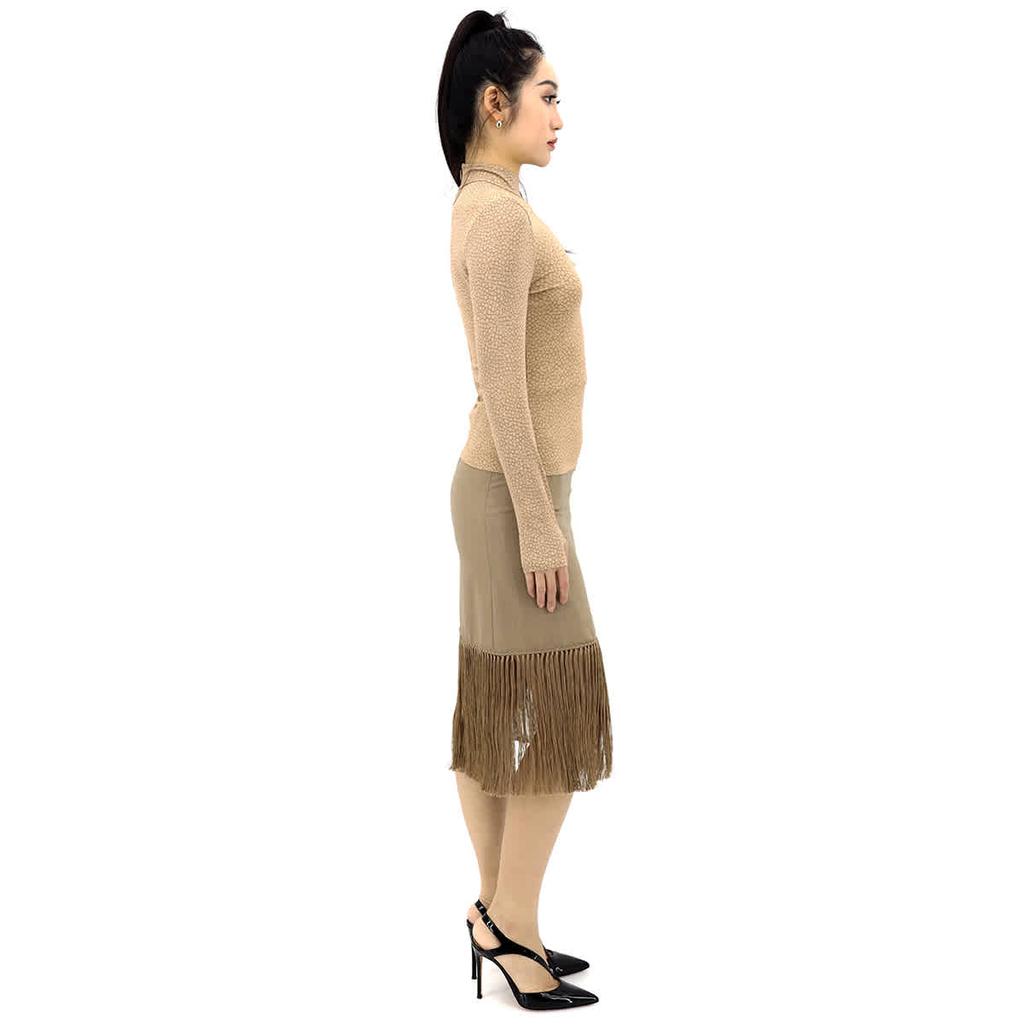 Ladies Pecan Melange High-waist Fring-hem Wool And Cashmere Skirt商品第2张图片规格展示