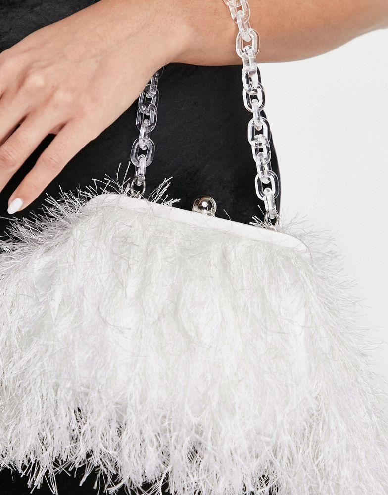 ASOS DESIGN faux feather clutch bag with resin handle in white商品第1张图片规格展示