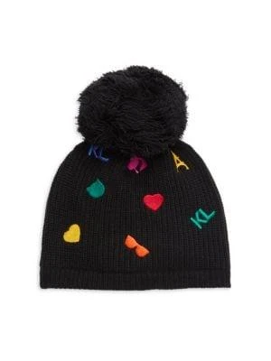 商品Karl Lagerfeld Paris|Embroidered Faux Fur Pom Pom Beanie,价格¥223,第1张图片