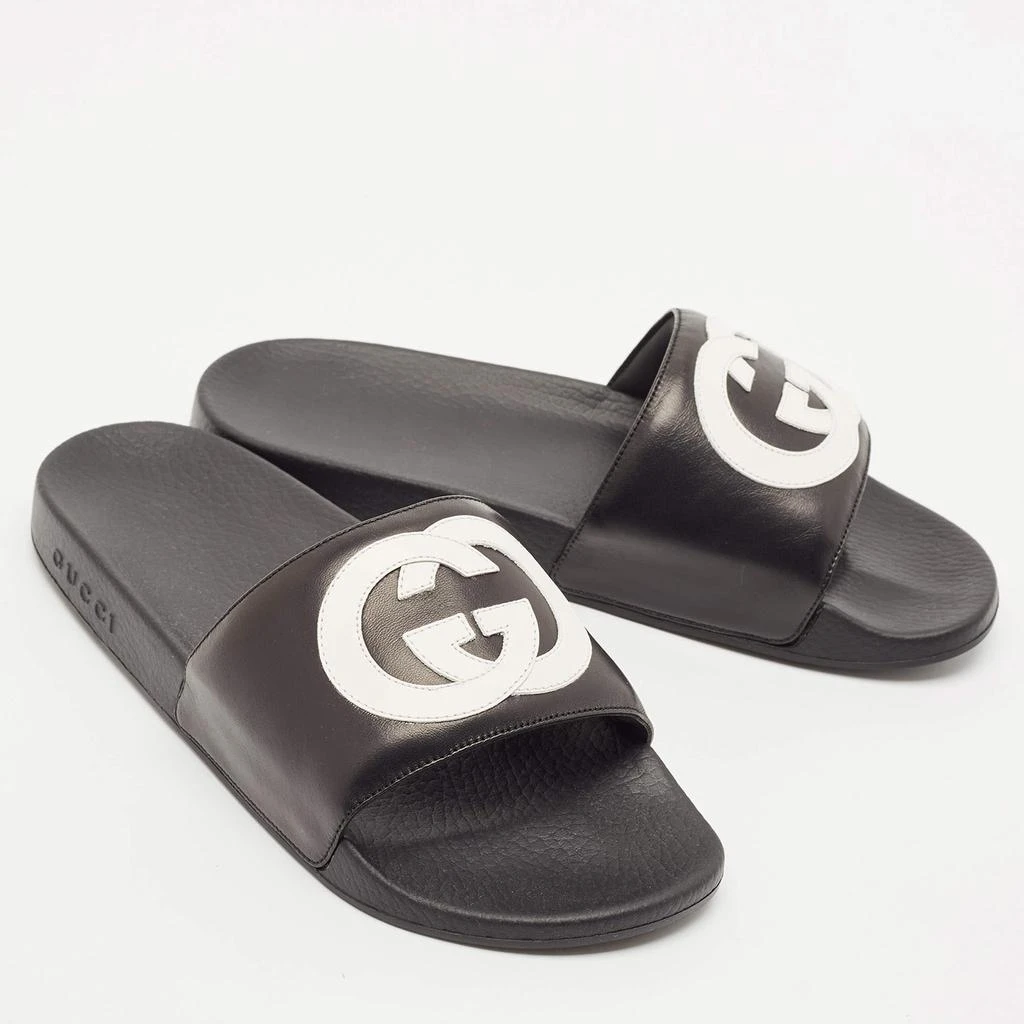 商品Gucci|Gucci Black/White Leather Interlocking G Pool Slides Size 42,价格¥3179,第4张图片详细描述