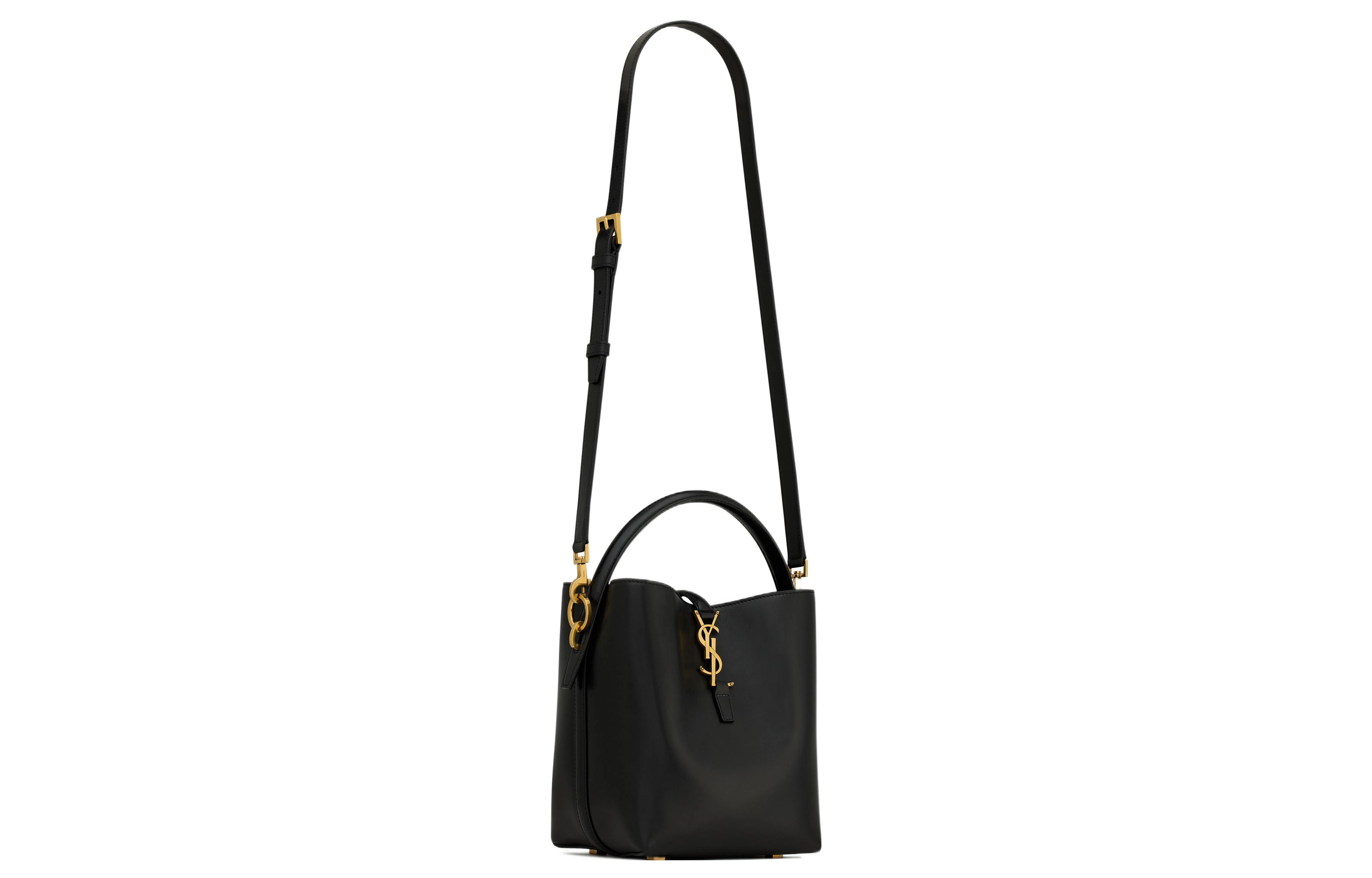 商品[国内直发] Yves Saint Laurent|圣罗兰 YSL LE37 金标Logo钩扣开合 亮面牛皮革 水桶包单肩斜挎手提包 小号 女款 黑色,价格¥17114,第4张图片详细描述