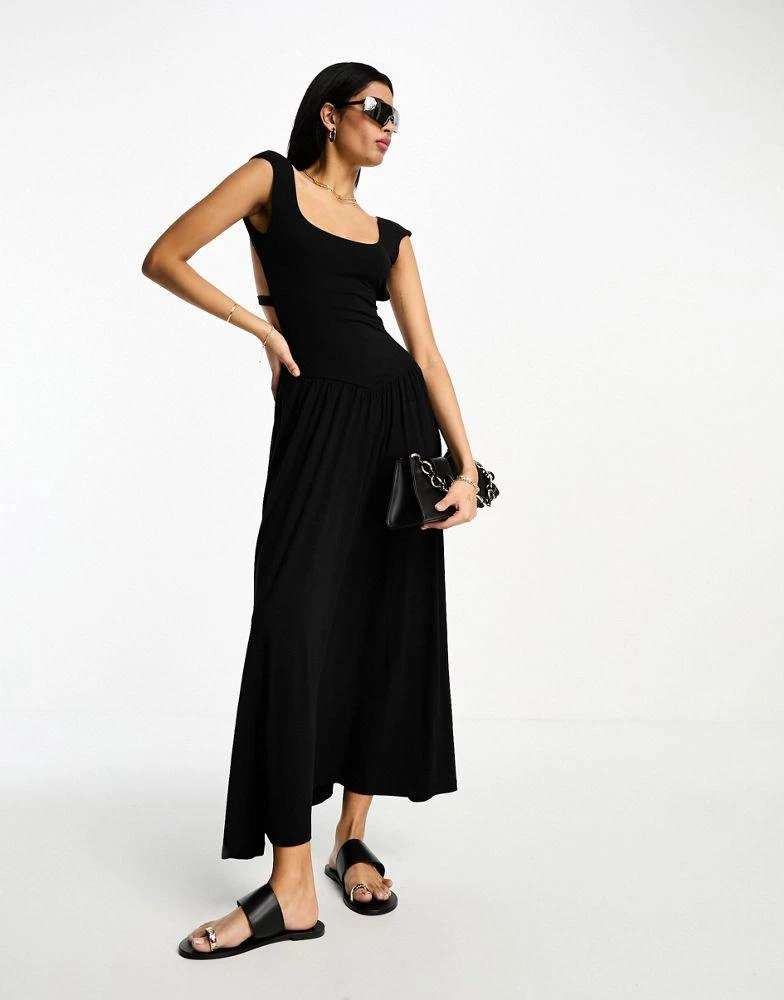 商品ASOS|ASOS DESIGN crossed back capped sleeve midi dress with volume skirt in black,价格¥205,第1张图片