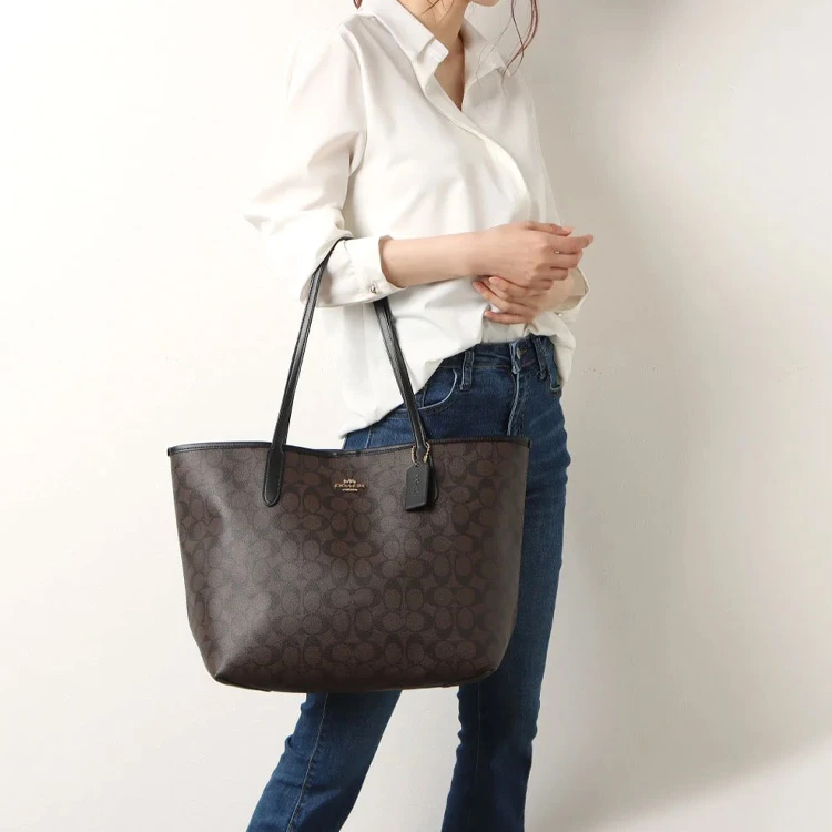 商品[国内直发] Coach|蔻驰 City 33 经典老花徽标Logo 帆布配皮 托特包Tote包购物袋手提包单肩包 大号 女款 深棕色,价格¥1938,第5张图片详细描述