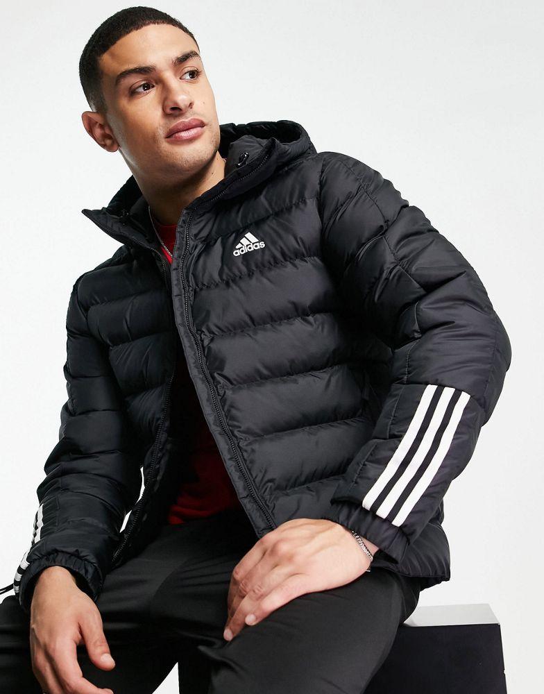 adidas Outdoor puffer jacket with hood and three stripes in black商品第1张图片规格展示