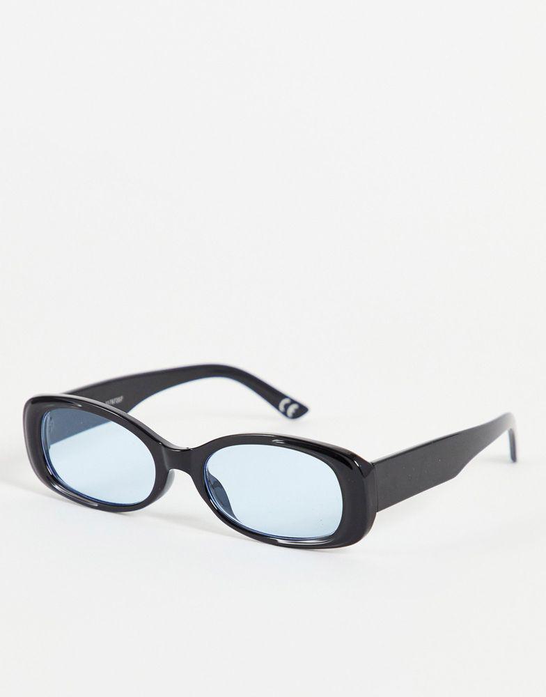 ASOS DESIGN oval sunglasses in black with blue lens商品第1张图片规格展示