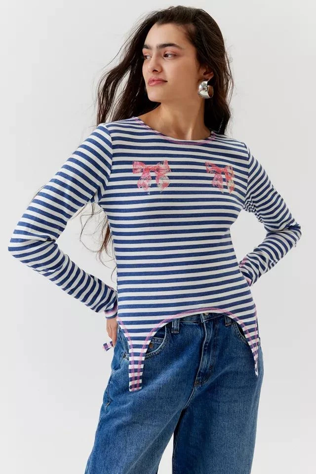 商品Urban Outfitters|Striped Bow Long Sleeve Baby Tee,价格¥189,第1张图片详细描述