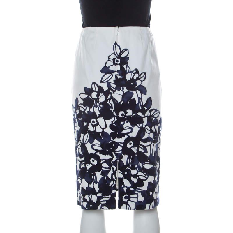 St. John White and Navy Blue Floral Printed Stretch Cotton Pencil Skirt L商品第3张图片规格展示