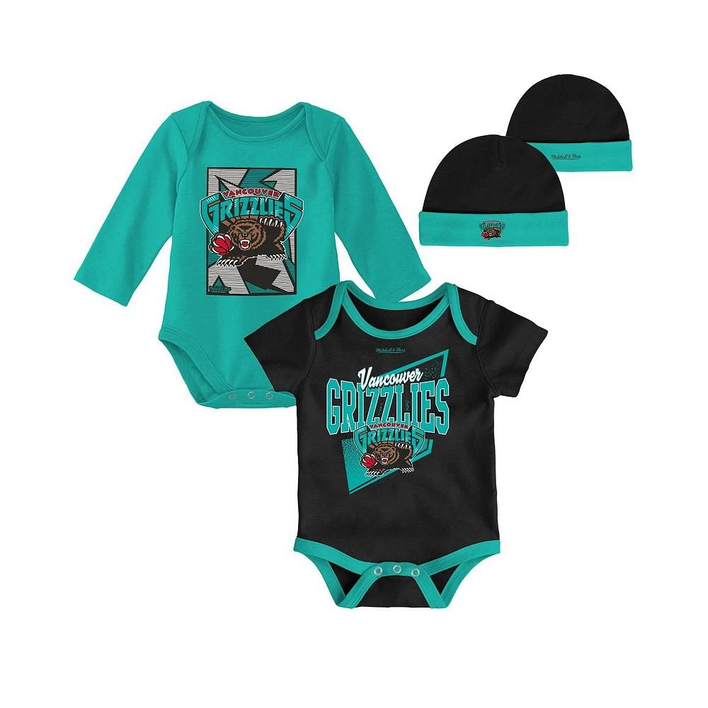 商品Mitchell & Ness|Newborn and Infant Boys and Girls Black, Turquoise Vancouver Grizzlies 3-Piece Hardwood Classics Bodysuits and Cuffed Knit Hat Set,价格¥301,第1张图片