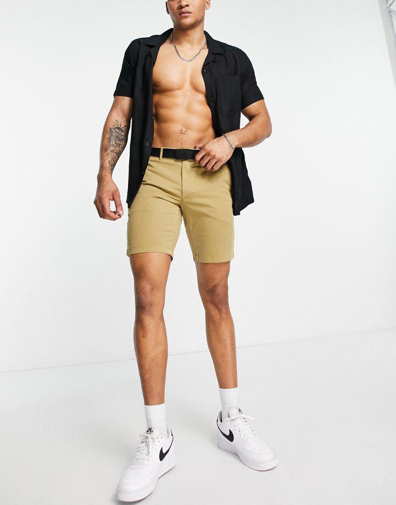 商品Calvin Klein|Calvin Klein garment dyed chino shorts with belt in tan,价格¥662,第6张图片详细描述