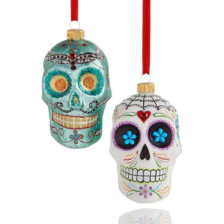 商品Holiday Lane|Set of 2 Glass Day of the Dead Skull Ornaments, Created for Macy's,价格¥113,第1张图片