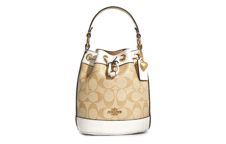 商品[国内直发] Coach|蔻驰 Dempsey 15 经典老花爱心吊坠抽绳开合 涂层帆布拼皮革 水桶包单肩斜挎手提包 小号 女款 卡其白色,价格¥5176,第1张图片