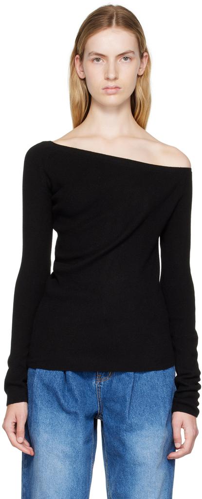 Black Asymmetric Long Sleeve T-Shirt商品第1张图片规格展示