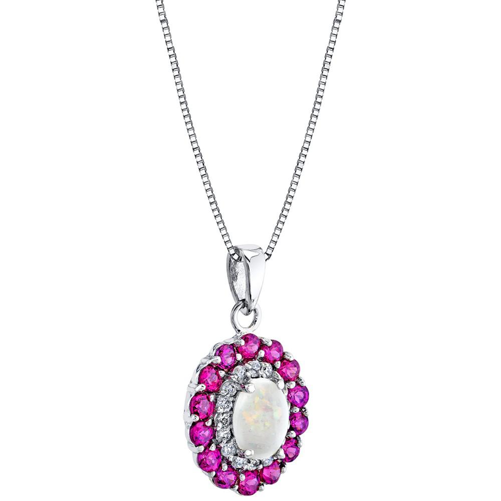 Multi-Gemstone (1-5/8 ct. t.w.) & Diamond (1/6 ct. t.w.) Oval Halo 18" Pendant Necklace in 10k White Gold商品第2张图片规格展示