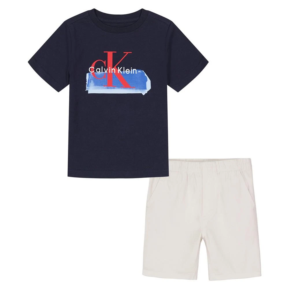 商品Calvin Klein|Little Boys Contrast Logo Short Sleeve T-shirt and Twill Shorts, 2 Piece  Set,价格¥124,第1张图片