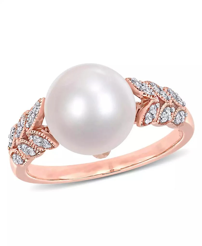 商品Macy's|Freshwater Cultured Pearl (9.5-10mm) and Diamond (1/6 ct. t.w.) Leaf Ring in 10k Rose Gold,价格¥11956,第1张图片