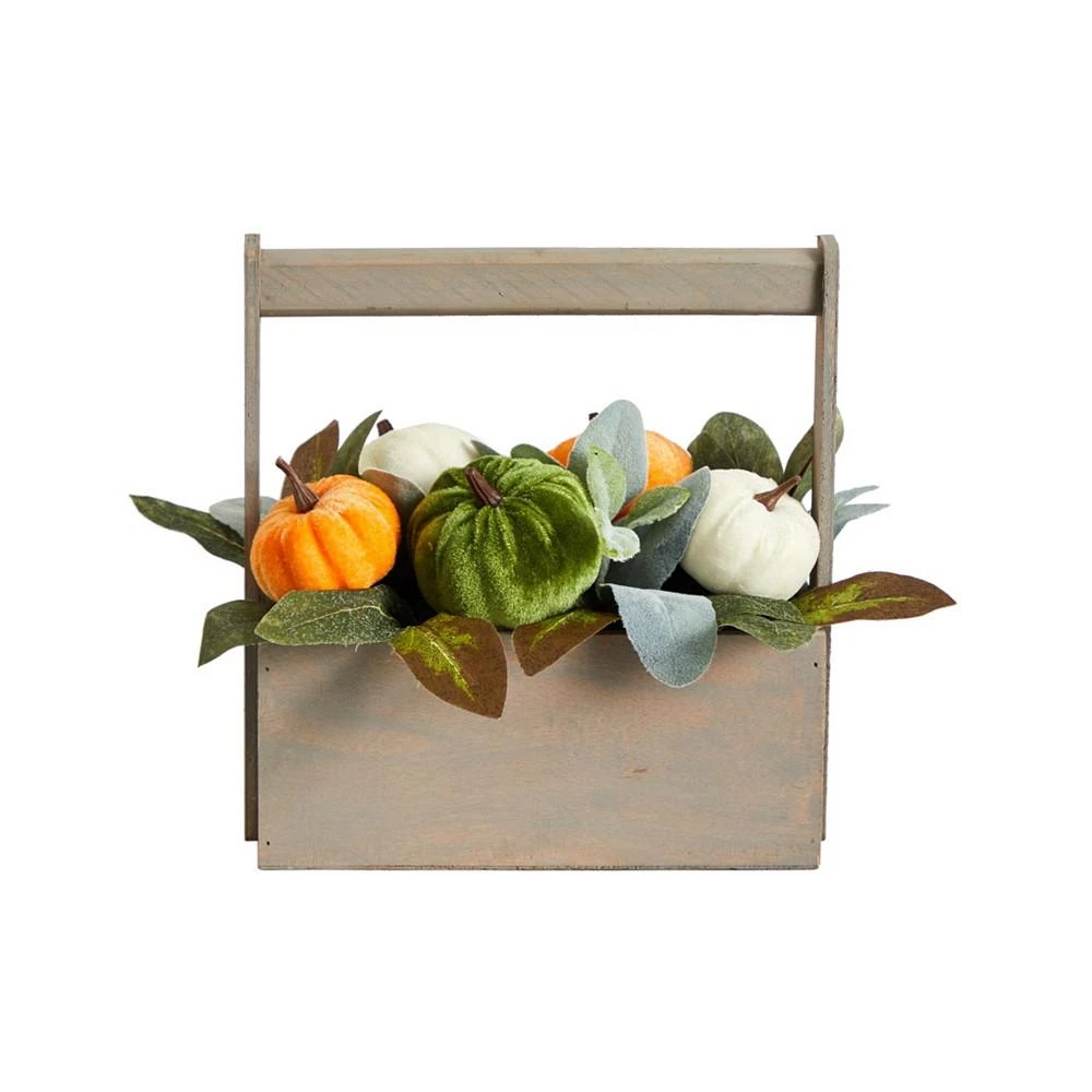 商品NEARLY NATURAL|10" Fall Pumpkin Artificial Autumn Arrangement in Wood Basket,价格¥315,第1张图片