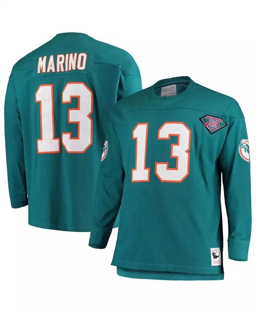 商品Mitchell & Ness|Men's Dan Marino Aqua Miami Dolphins Big and Tall Retired Player Name and Number Long Sleeve Top,价格¥668,第1张图片
