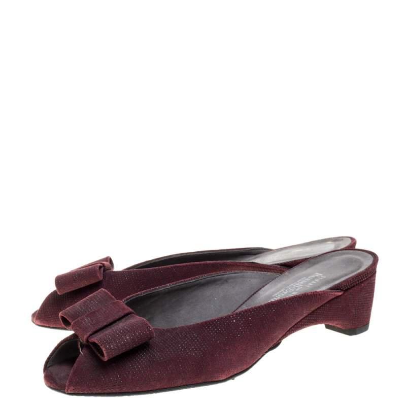 Stuart Weitzman Burgundy Textured Suede Bow Peep Toe Slide Sandals Size 38商品第4张图片规格展示