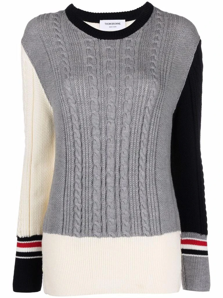 商品Thom Browne|THOM BROWNE WOMEN FUNMIX PULLOVER W/ RWB STRIPE IN IRISH CABLE STITCH SUSTAINABLE MERINO WOOL,价格¥7813,第1张图片