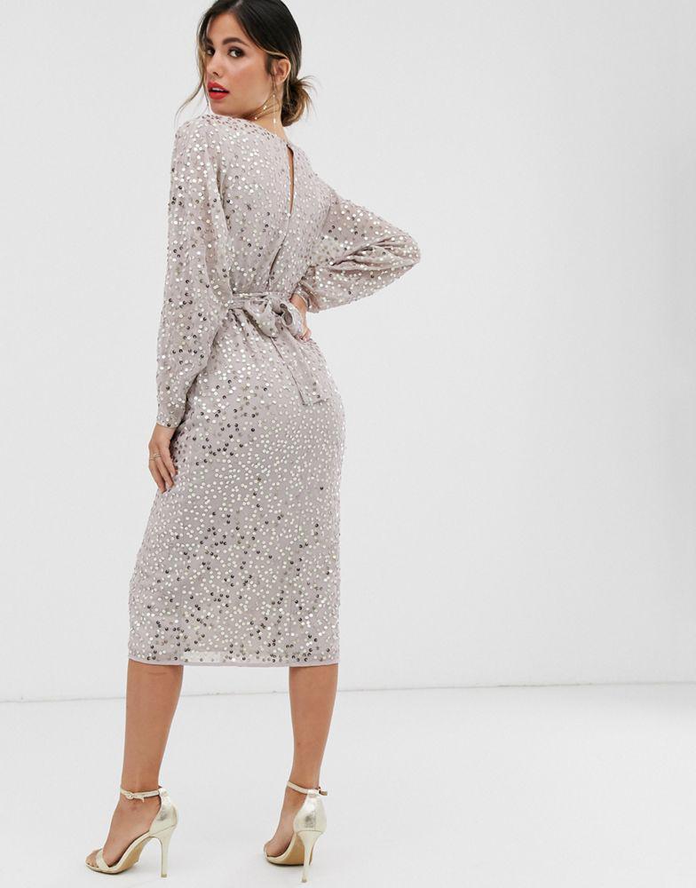 商品ASOS|ASOS DESIGN midi dress with batwing sleeve and wrap waist in scatter sequin,价格¥727,第4张图片详细描述