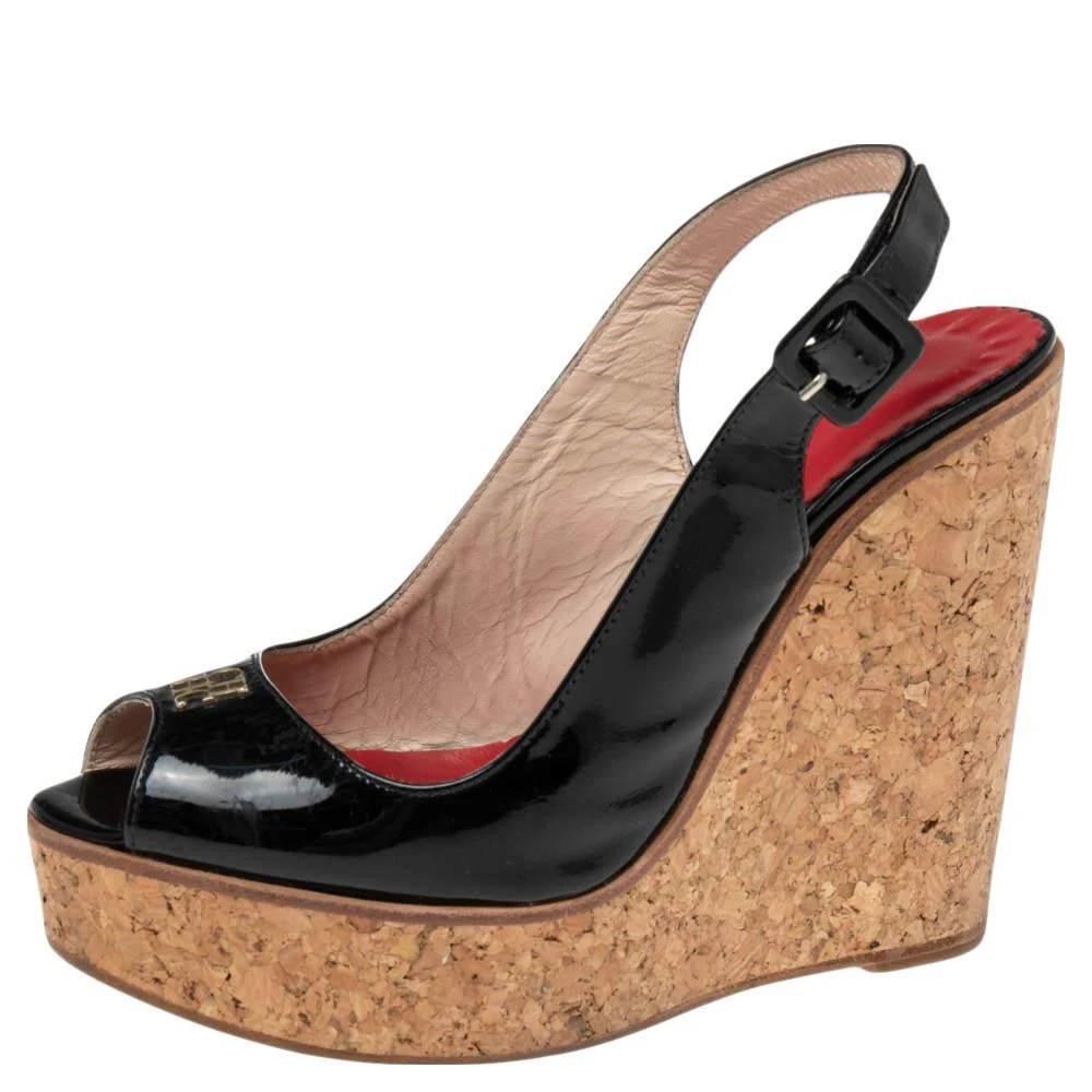 商品[二手商品] Carolina Herrera|CH Carolina Herrera Black Patent Leather Cork Wedge Platform Slingback Sandals Size 37,价格¥1099,第1张图片